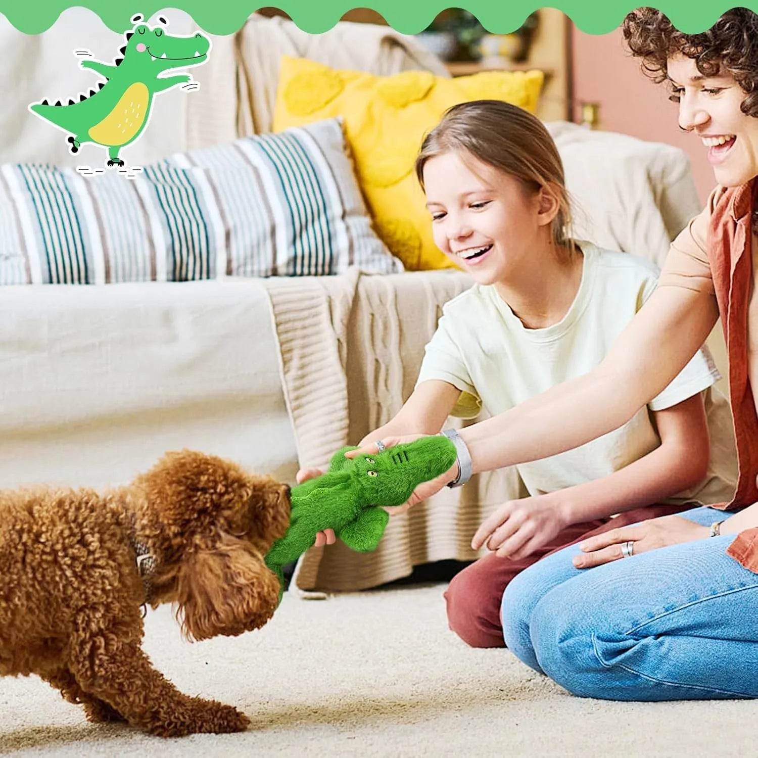 Green plush crocodile dog toy with no stuffing, featuring squeaker in head and crinkle paper in tail