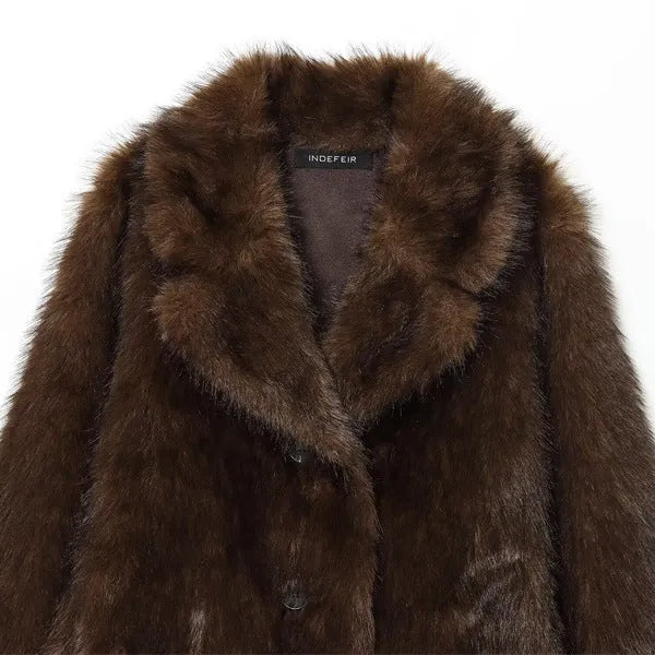 Brown women's faux fur effect jacket with faux fur collar, long sleeves, 50cm length, sizes XS-L.