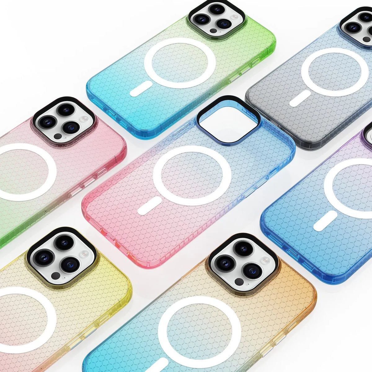 Magnetic TPU phone case with honeycomb pattern, drop-resistant all-inclusive cover for iPhone models.