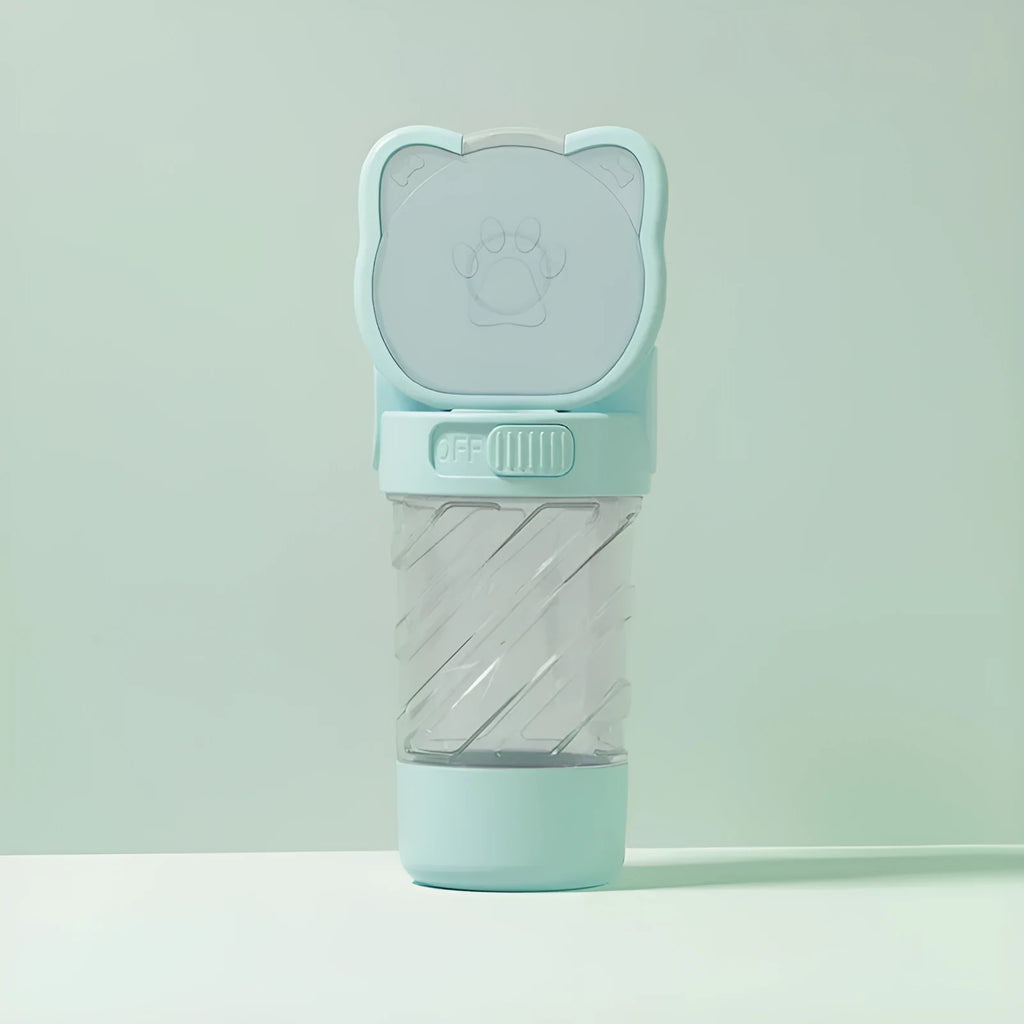 Green pink and white 3-in-1 portable pet water bottle with food container and waste bag dispenser