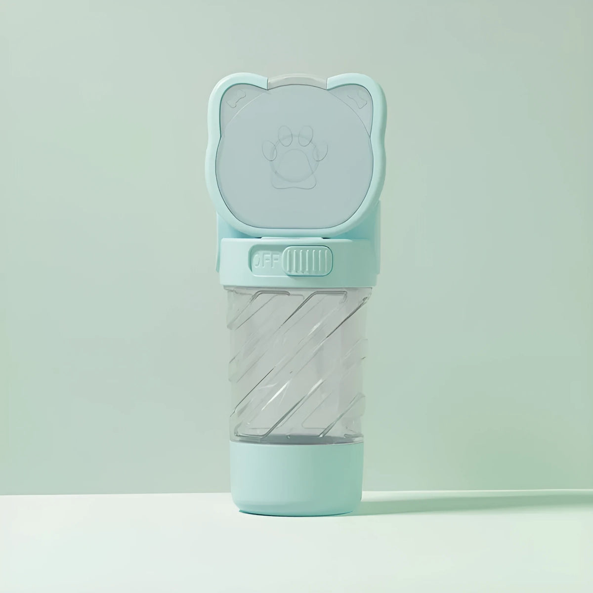 Green pink and white 3-in-1 portable pet water bottle with food container and waste bag dispenser