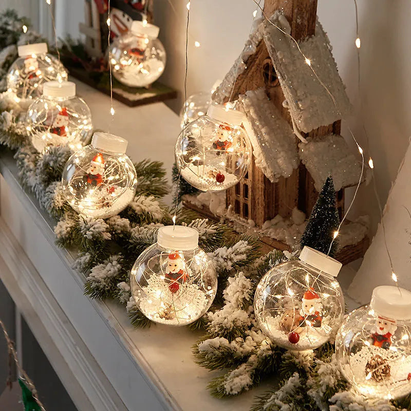 LED Christmas curtain lamp string with 10 fairy light ball decorations showing snowman, Christmas tree, and elder designs