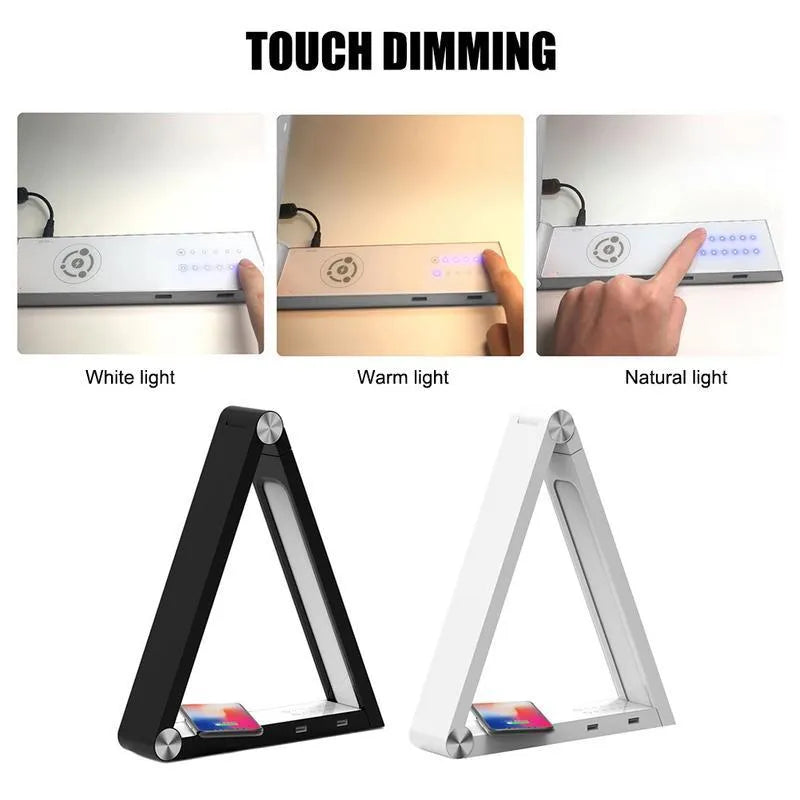 LED triangle desk lamp with wireless charging pad and USB port, 93 CRI, touch dimming, black colour