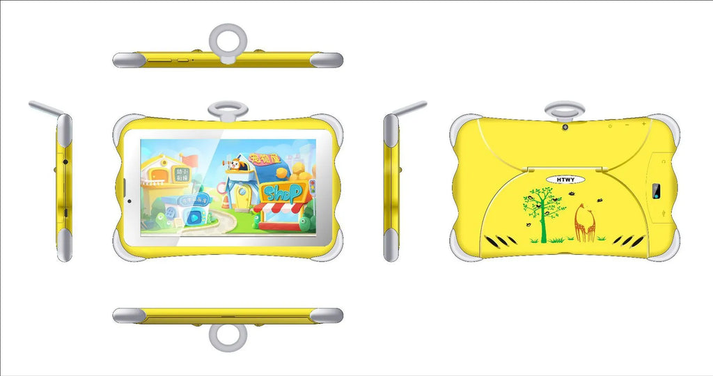 7-inch children's learning tablet with stand showing cartoon colour options and 3G calling feature