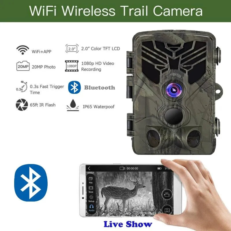 WiFi trail camera 20MP 1080P with night vision, 0.3s trigger, and IP65 waterproof housing