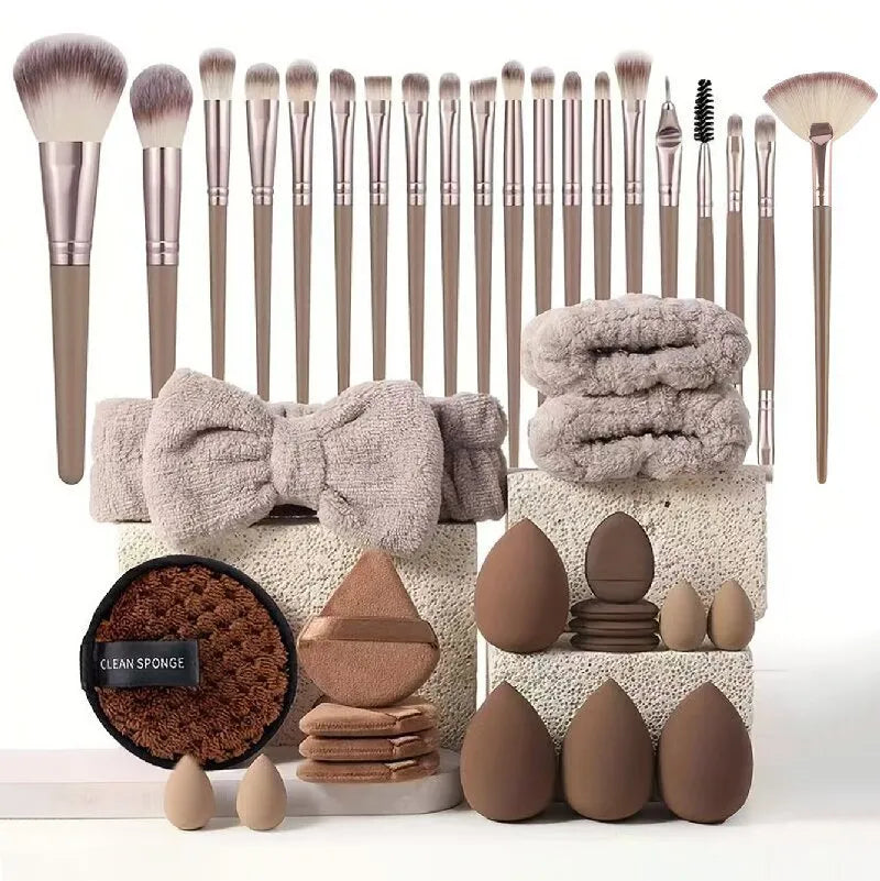 Beauty tool combination set with hydrophilic non-latex material in brown, pink, and purple colours
