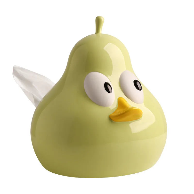 White porcelain pear-shaped ceramic tissue box in green colour on wooden desktop