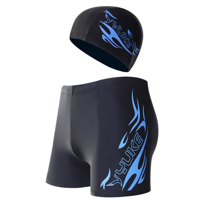 Men's patterned boxer swim trunks in plus sizes with optional swimming cap on a black background.