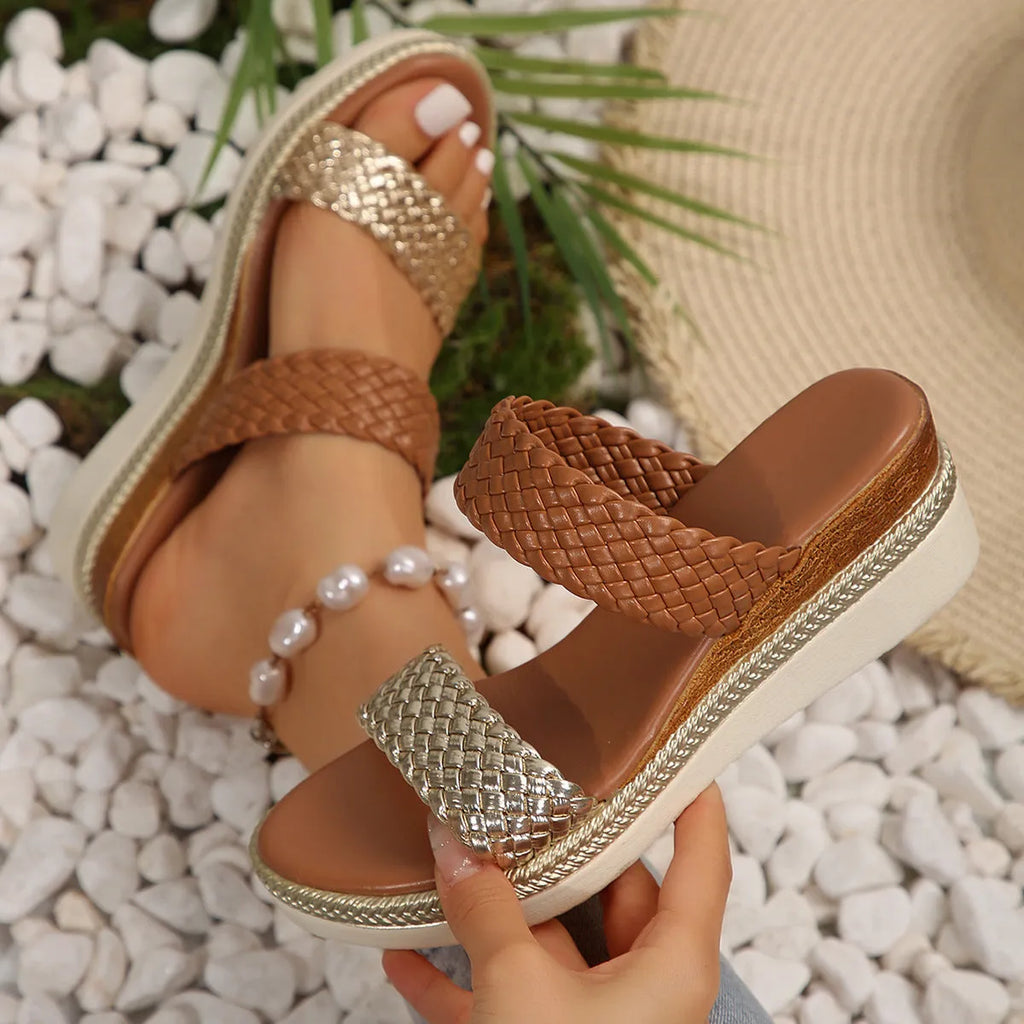 Women's gold plus size wedge sandals with a 5cm heel and rubber sole on a white background