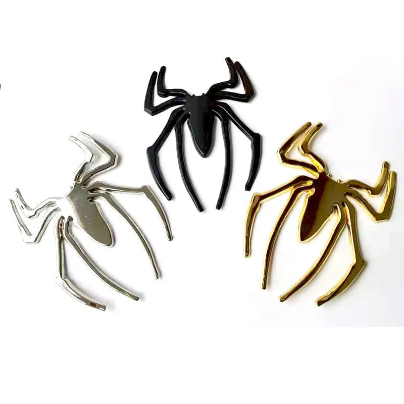 Three-dimensional zinc alloy spider car bumper sticker in gold, silver, black, or red, measuring 7cm by 5cm
