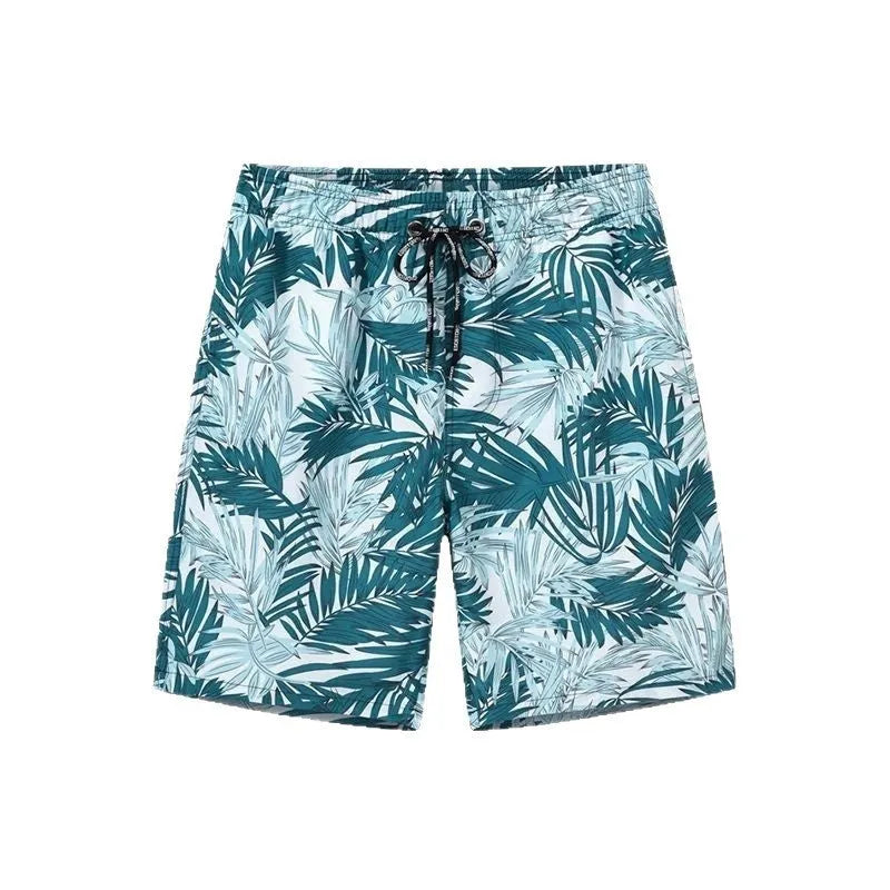 Men's quick-drying nylon swimming trunks in leaf print, sizes S to 5XL, with triangle or boxer lining