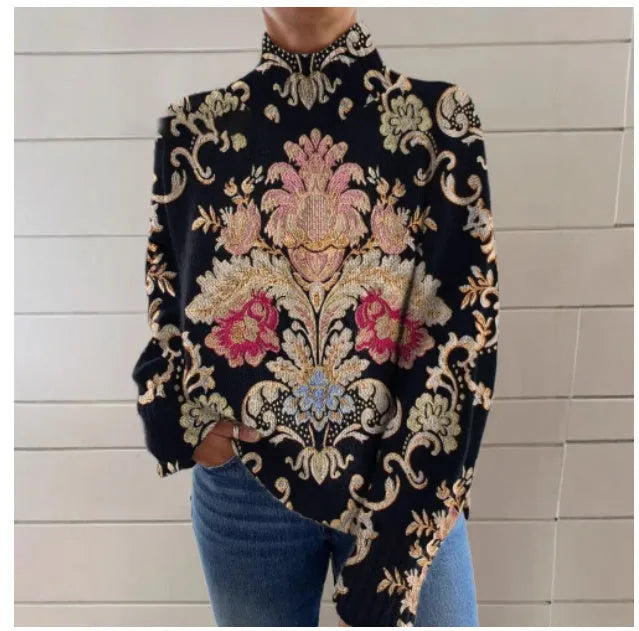 Black line 3D pattern printed turtleneck long sleeve sweater in loose fit Japanese Korean casual style