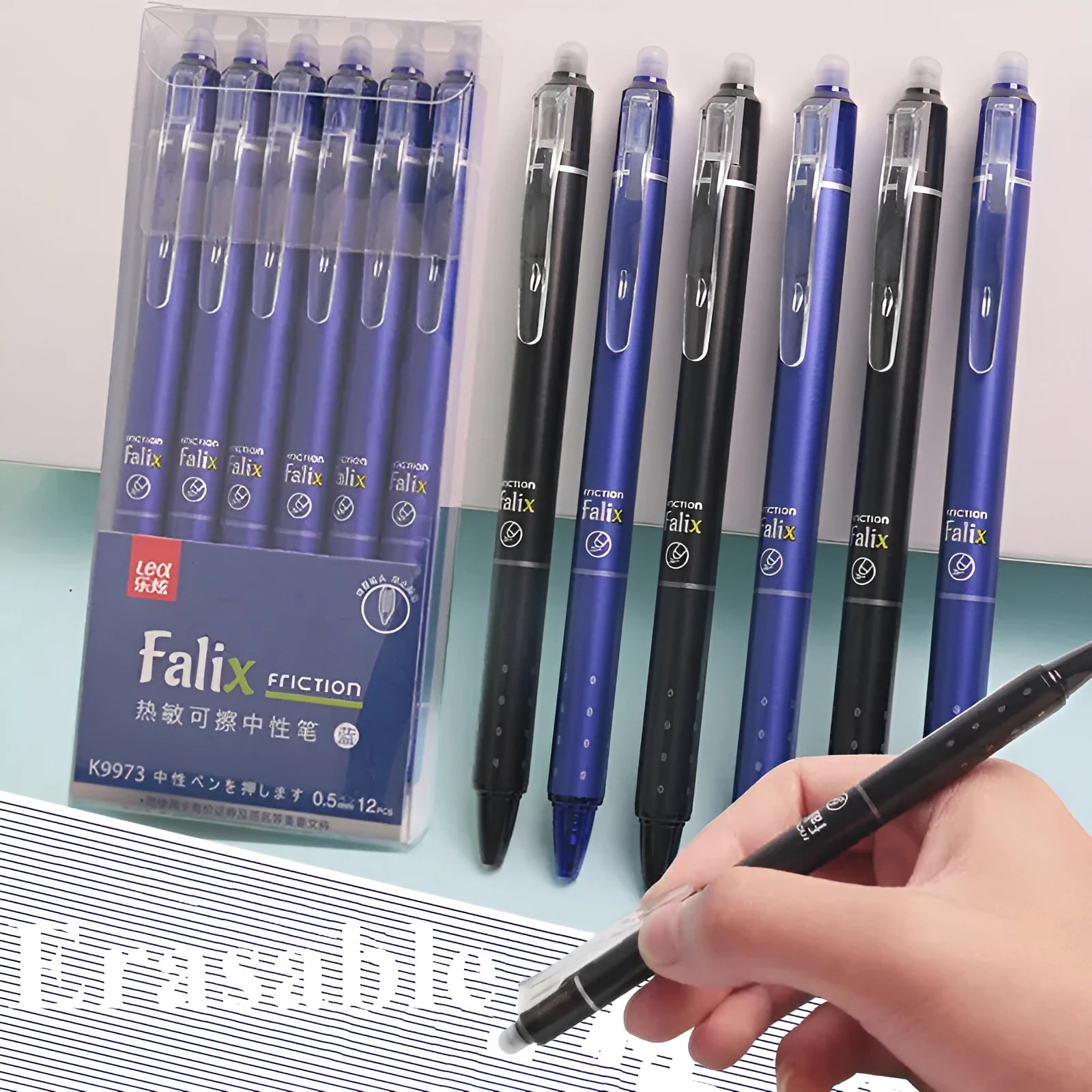 Blue and black erasable gel pen with 0.5mm stainless steel nib and plastic shell for students