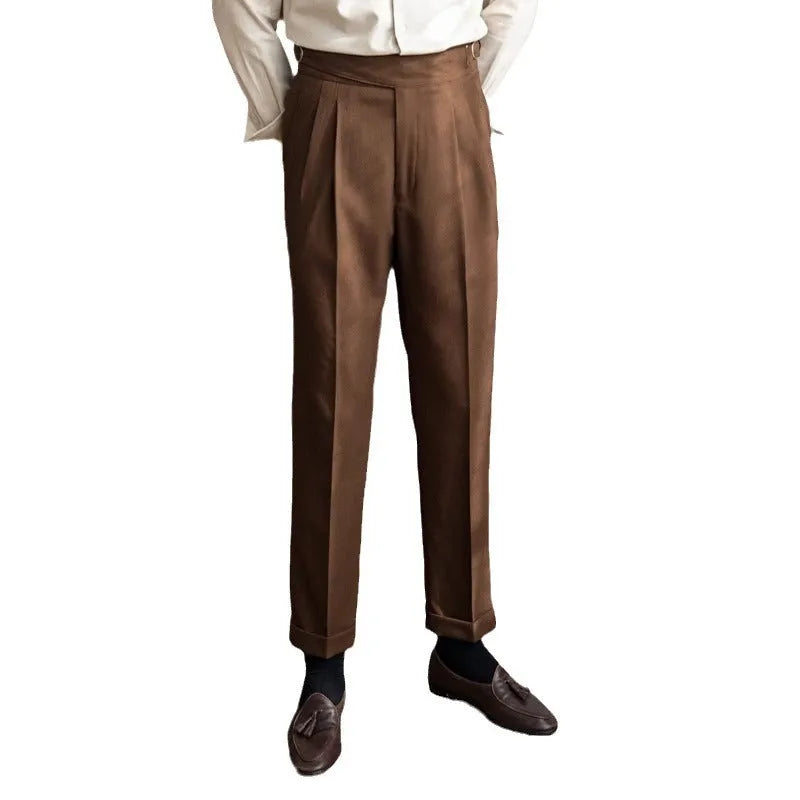 Men's high waist straight casual trousers in black polyester fabric.