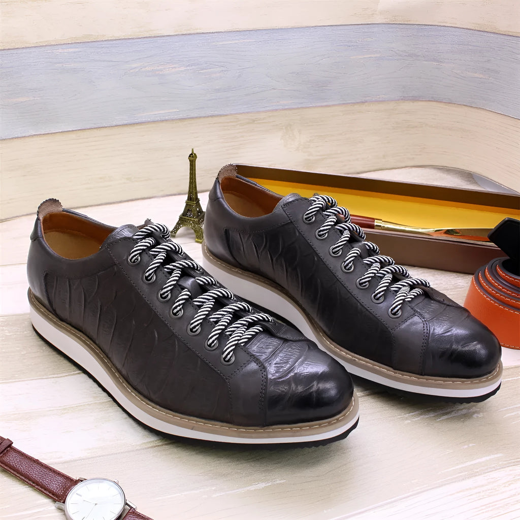 Men's handmade low-top canvas shoes with embossed pattern and front lace-up closure in multiple colours