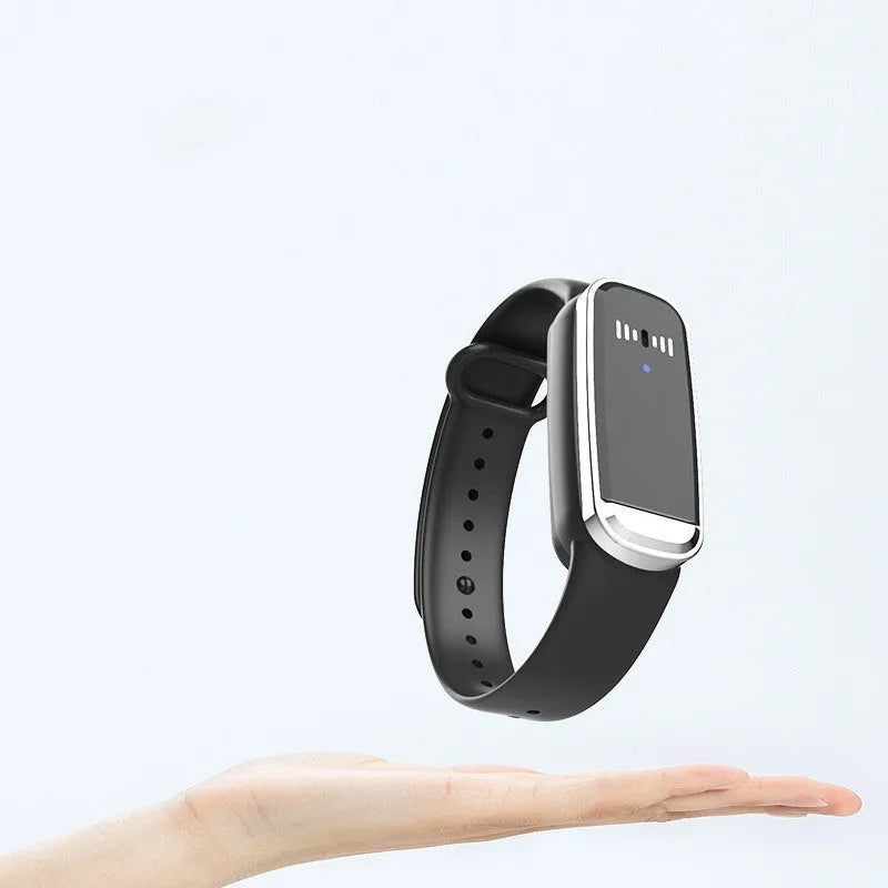 Black and white ultrasonic mosquito repellent bracelet with USB charging cable on a white background.