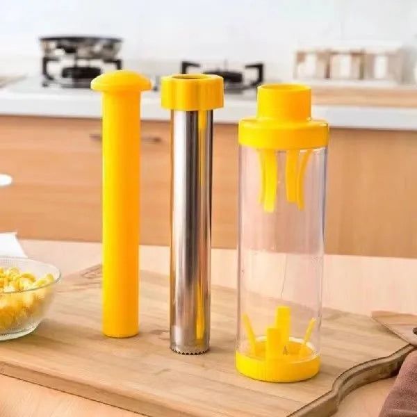 Yellow cylindrical corn stripper with stainless steel blades and ABS plastic housing