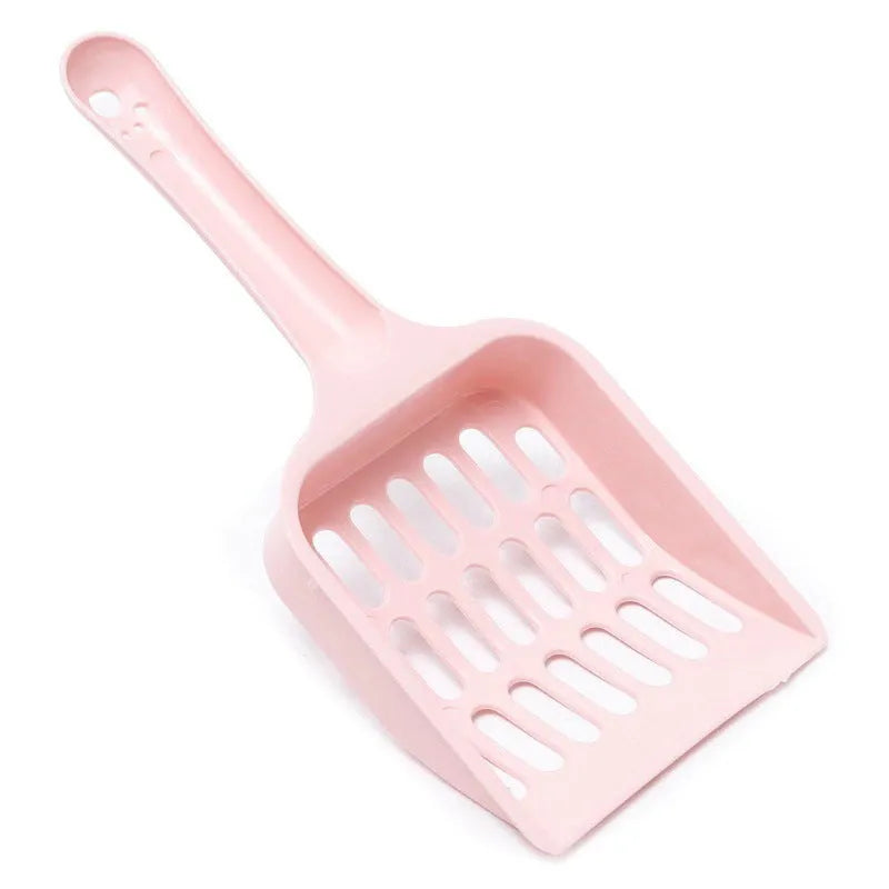 Blue plastic cat litter scoop showing length and sieve pattern for cleaning litter trays.