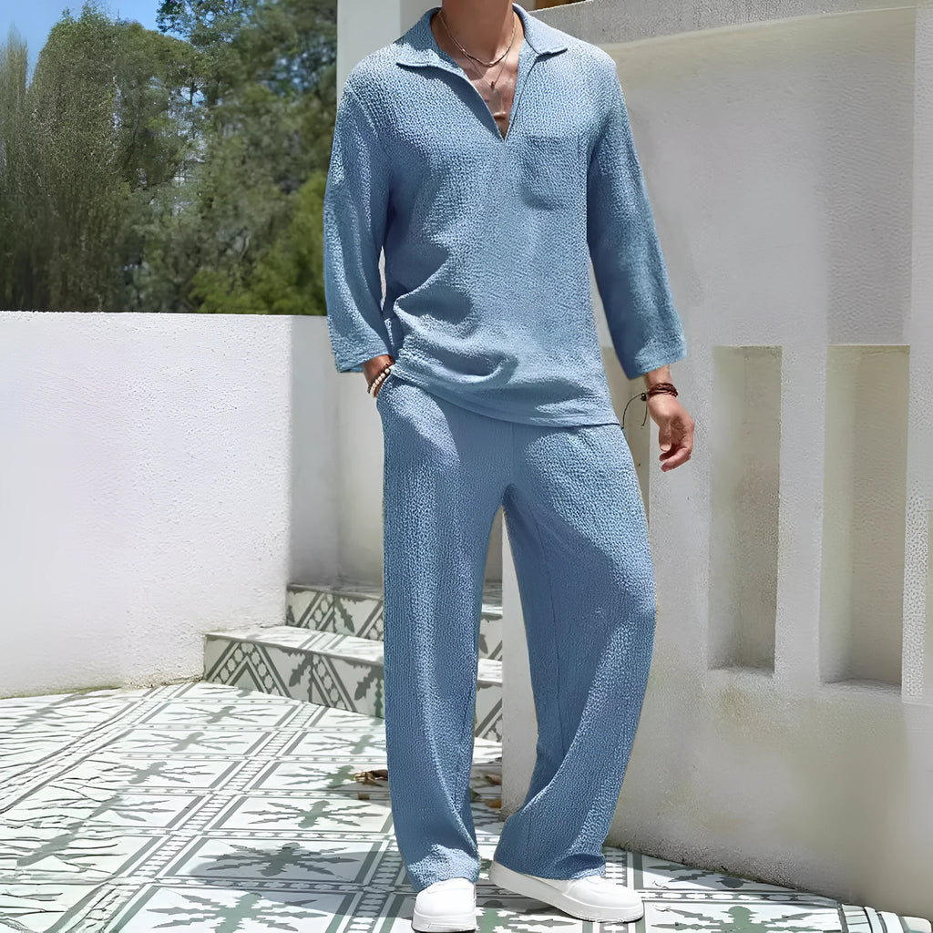 Men's casual shirt and trouser suit set in polyester fabric, shown in lake blue colour.