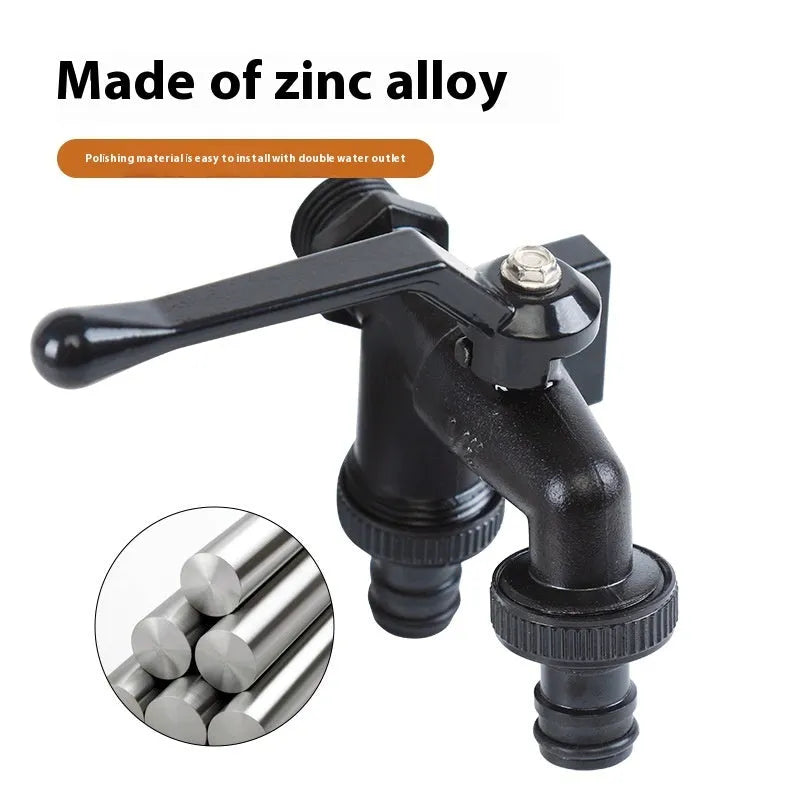 Black plated zinc alloy garden tap with double water outlet and 1/2 connection reference