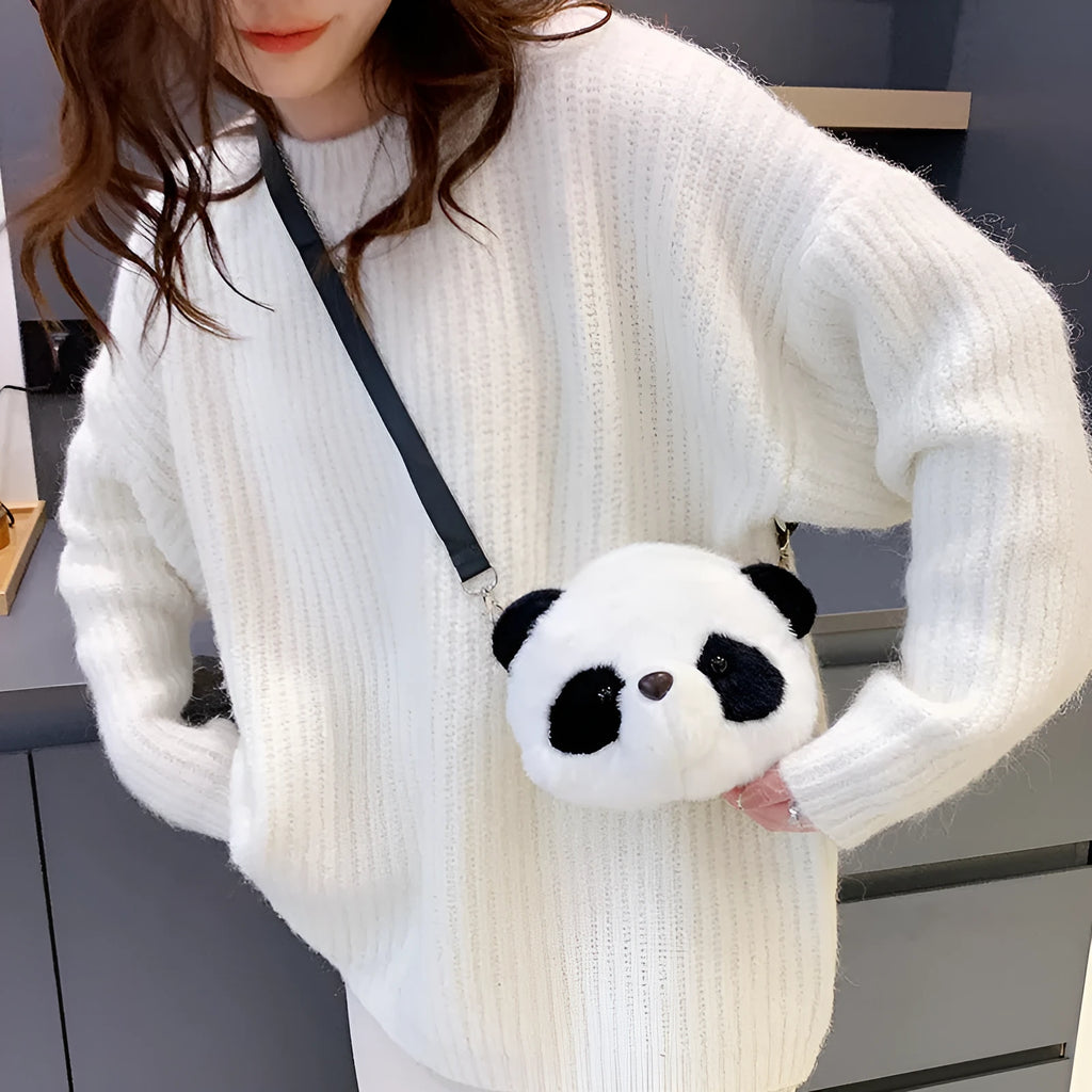 Plush panda head crossbody bag with cylindrical shape and sandwich pocket design