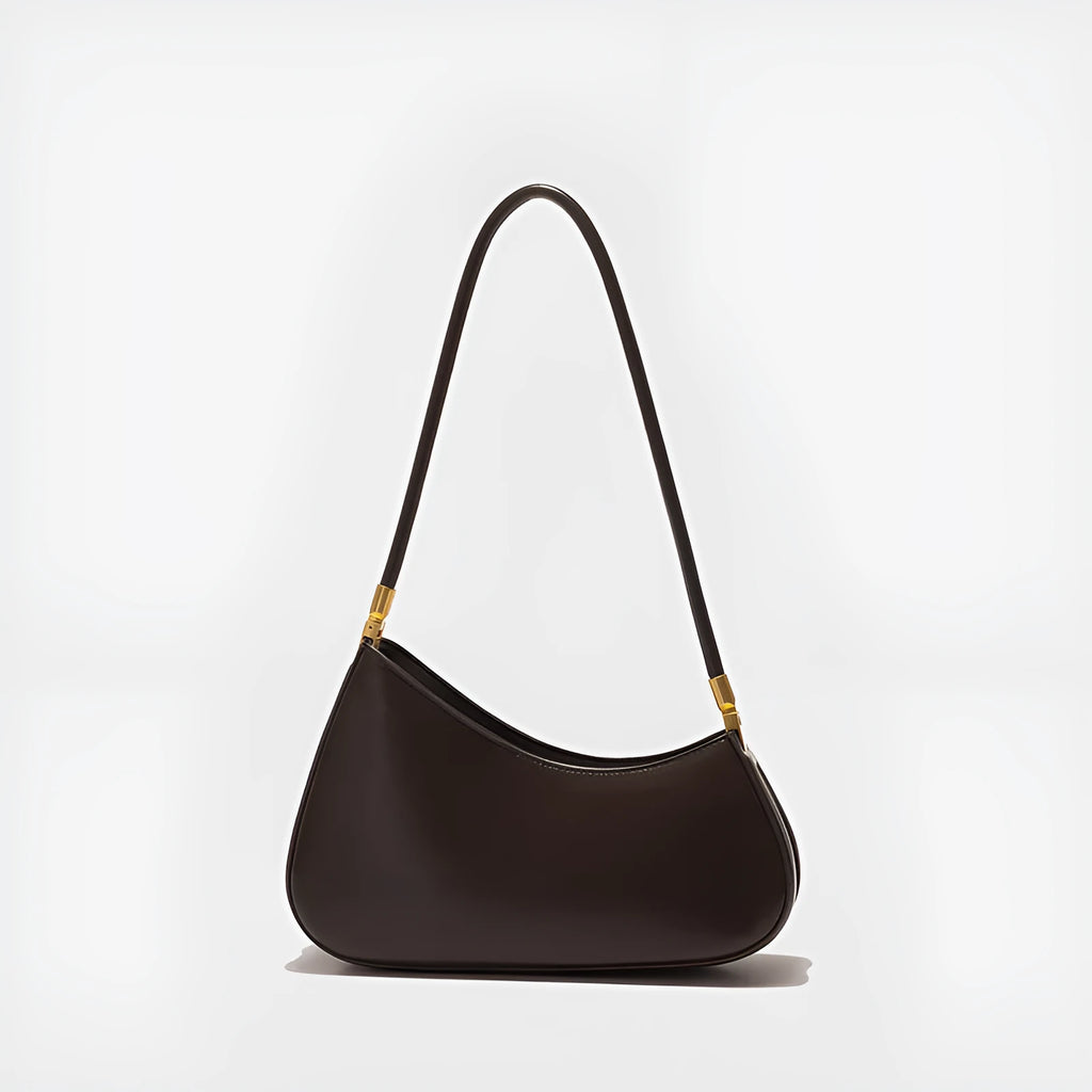 Brown PU leather oval underarm bag with single shoulder strap and sandwich pocket design