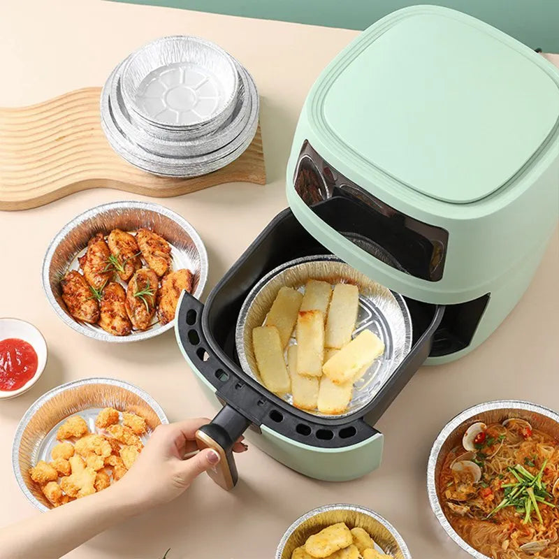 Round aluminium foil air fryer liner with 4 cm deep edge, non-stick and oil-proof, available in 14.5 cm to 23 cm diameters