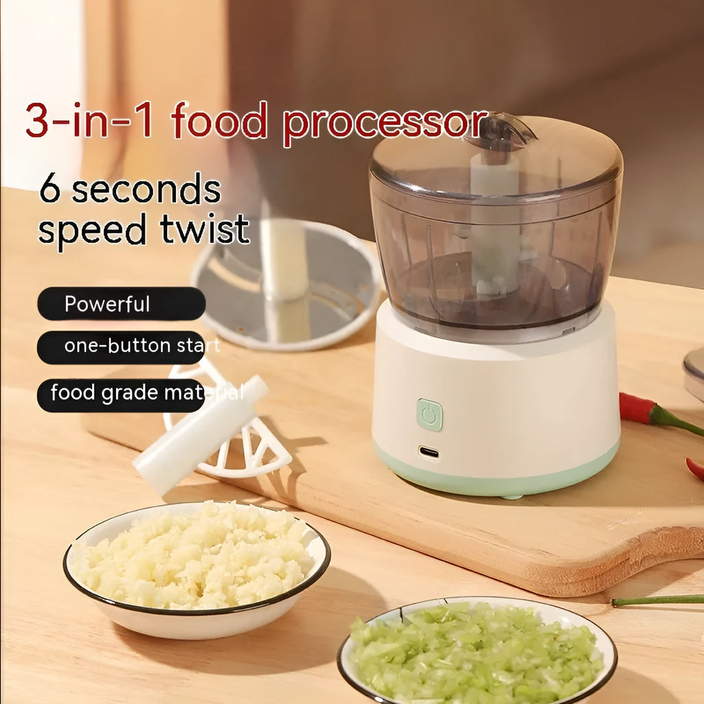 White or light green mini electric meat grinder with transparent cup on anti-slip base