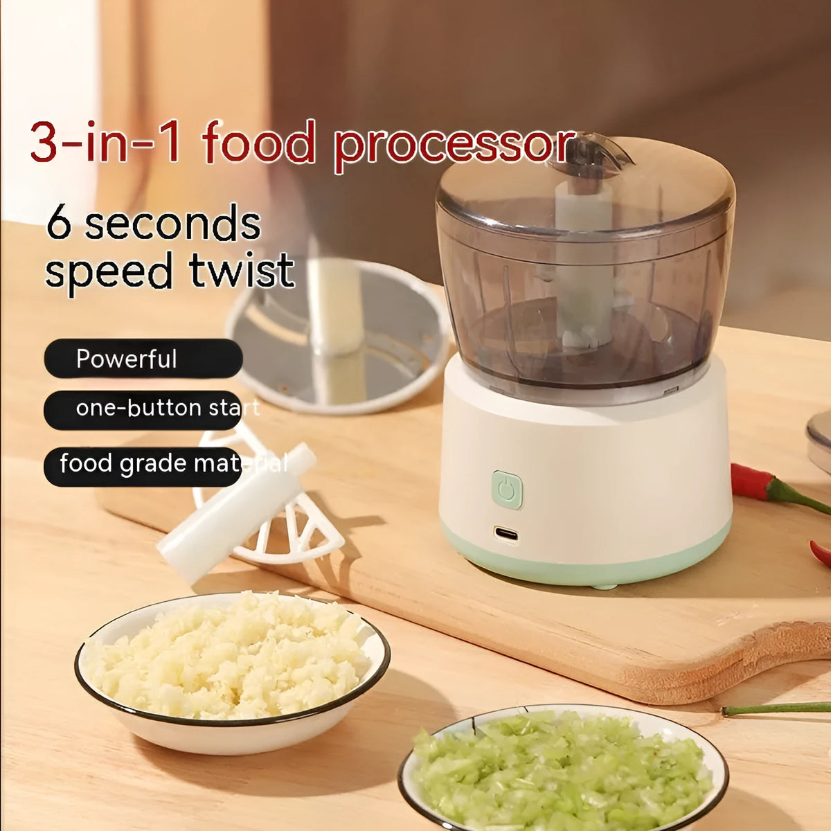 White or light green mini electric meat grinder with transparent cup on anti-slip base