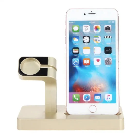 White 2-in-1 desktop charging dock holding an iPhone and an Apple Watch.