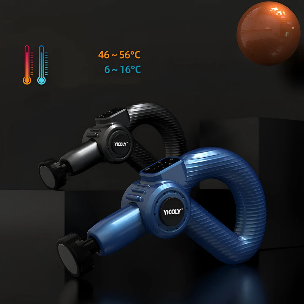 Black smart muscle massage gun with multiple massage heads for hot and ice compress therapy