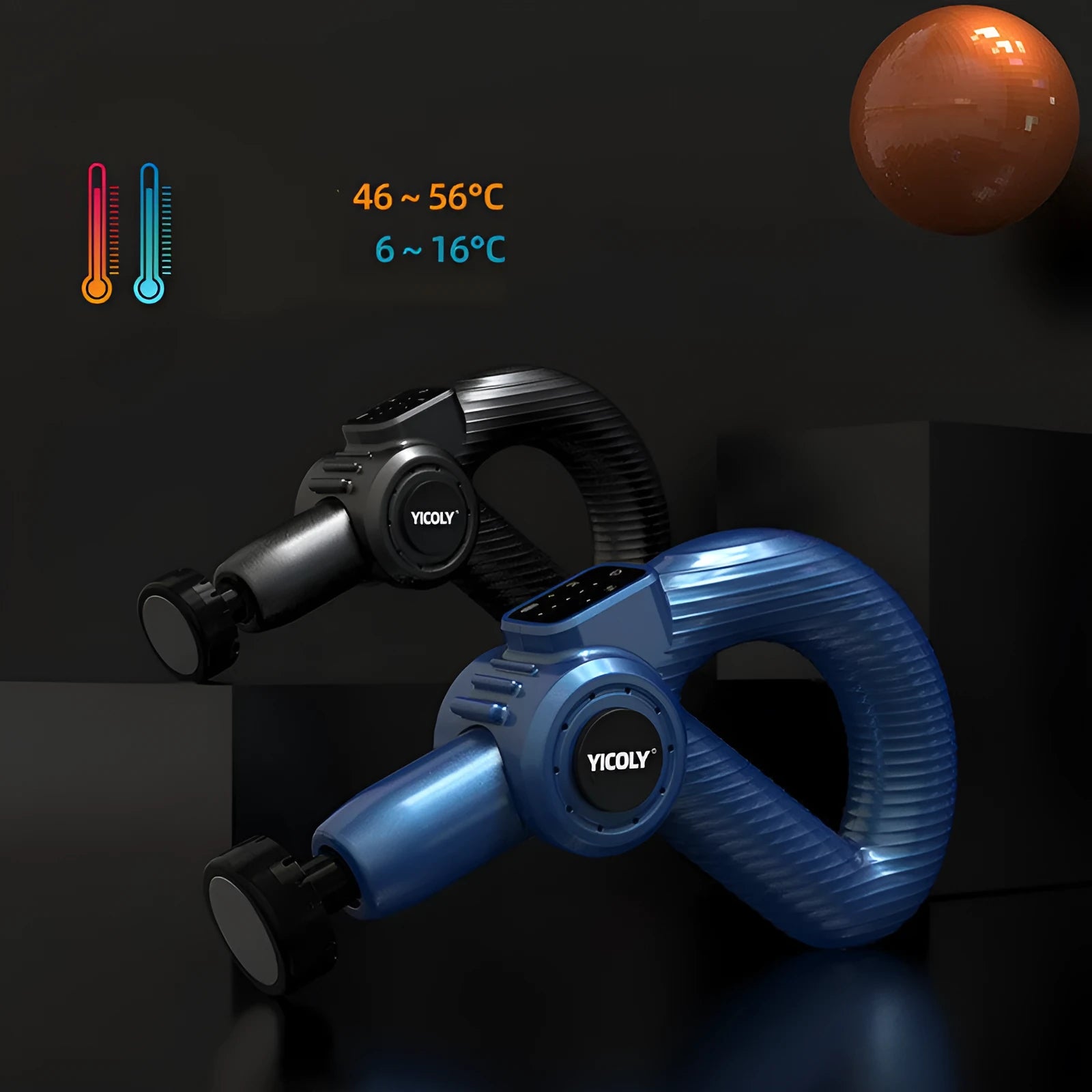 Black smart muscle massage gun with multiple massage heads for hot and ice compress therapy