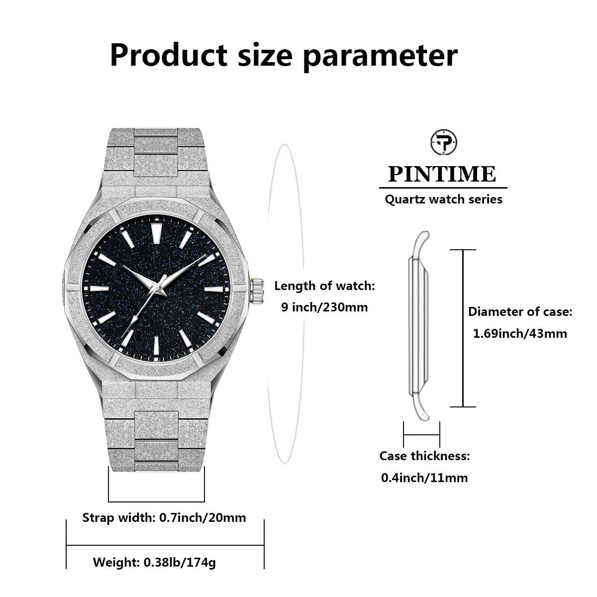 Men's business watch with frosted stainless steel case and luminous hands in silver, gold or black