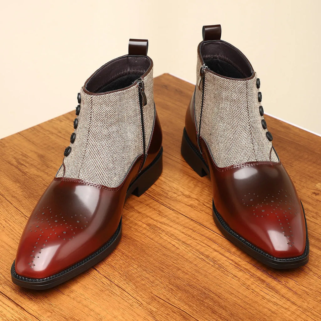 Men's brown retro formal shoes with side zipper and square heel design