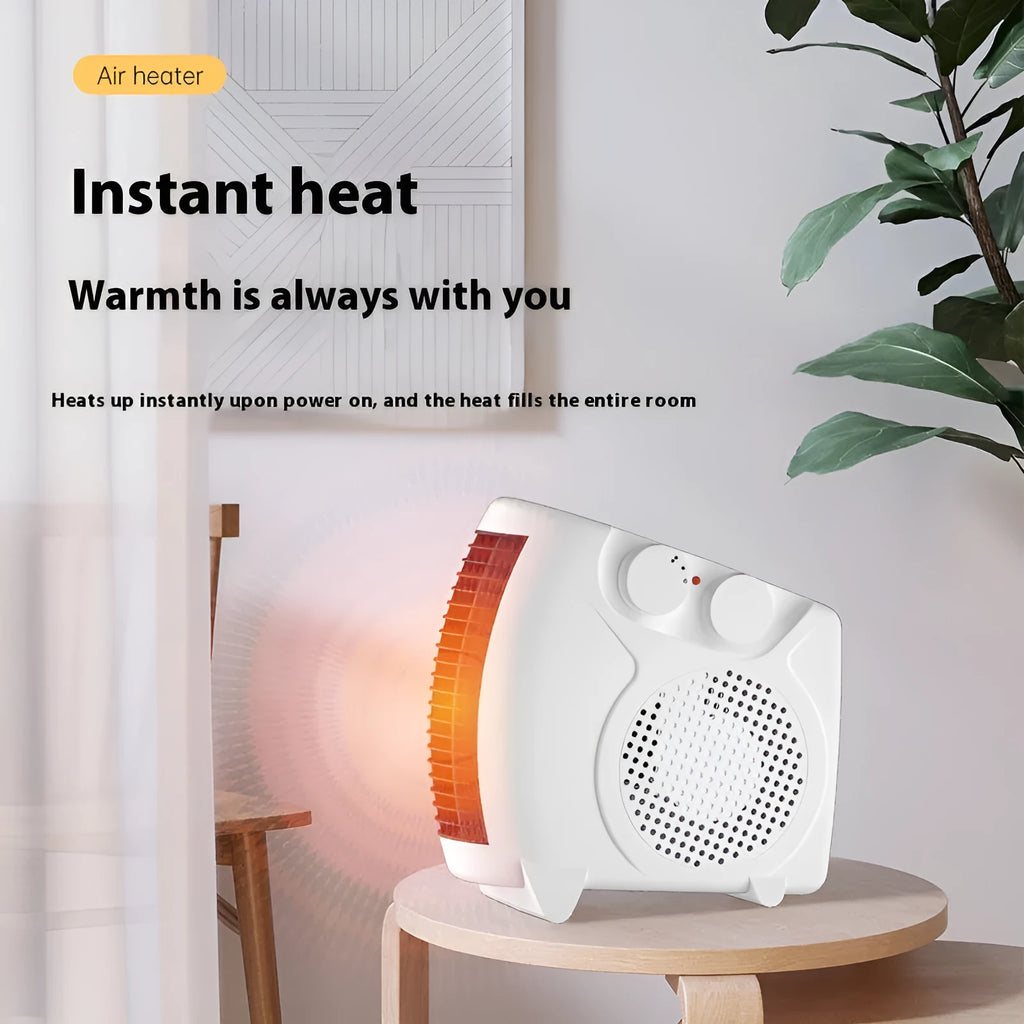 White compact electric desktop heater with heating wire technology and two fan speeds for small office spaces