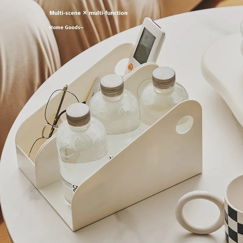 Desktop storage box with two grid compartments in milk coffee colour, dimensions 14.5x17x22cm