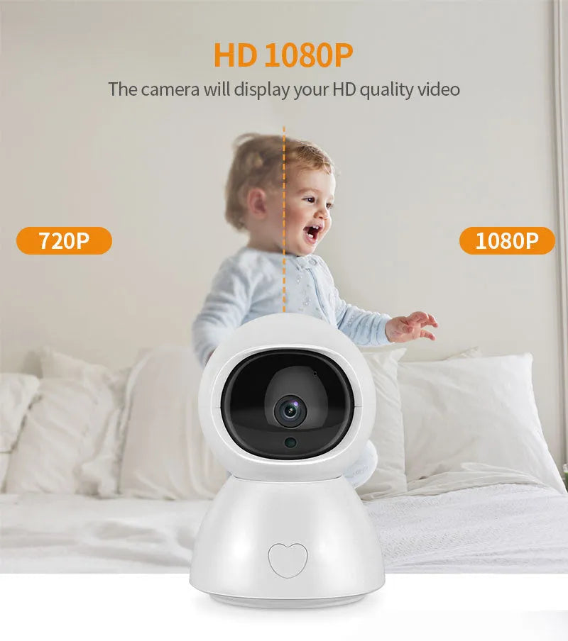 White 5-inch baby monitor surveillance camera with 3.6mm lens, 1080P resolution, and 100m infrared range.