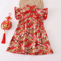 Girls Chinese style cotton dress in red small floral with splicing detail, available in heights 80cm to 150cm.