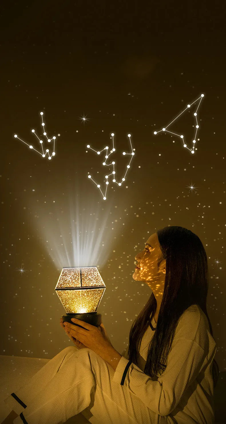 Children's rotating star projector night light projecting blue and green starlight onto a bedroom wall.