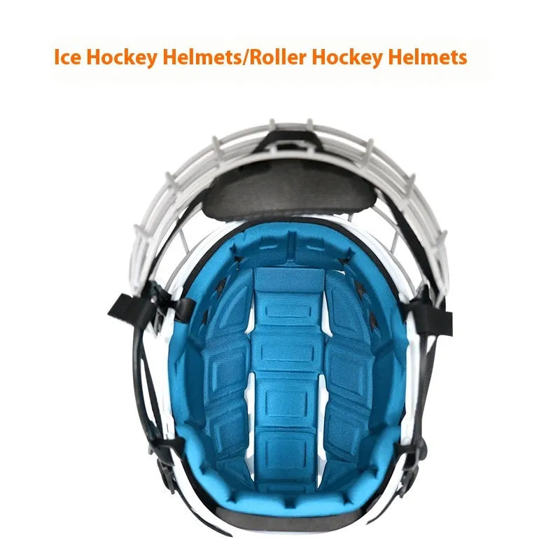 Ice hockey helmet with a carbon steel face mask on a white background, shown in size L.