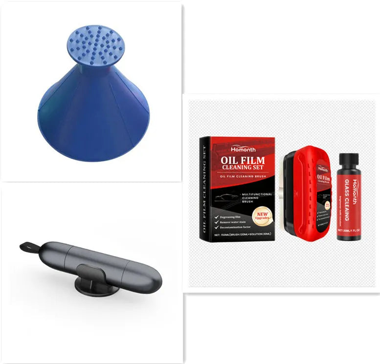 Automotive glass oil film remover set with 120ml cleaning brush, 30ml brightener refill, 7.2x11cm brush and 2.9x8.2cm bottle