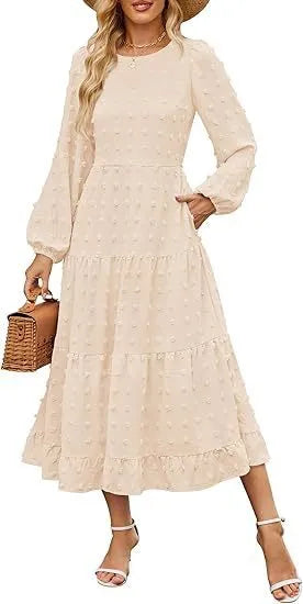Long sleeve casual dress with ruffle sleeves and high waist in solid colour.
