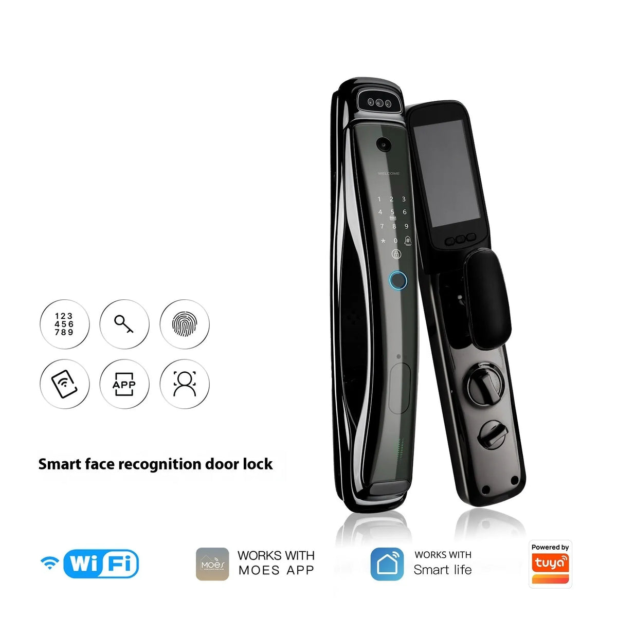 Face recognition intelligent security door lock with WiFi, 6068 lock body, and 4200mAh lithium battery in black finish