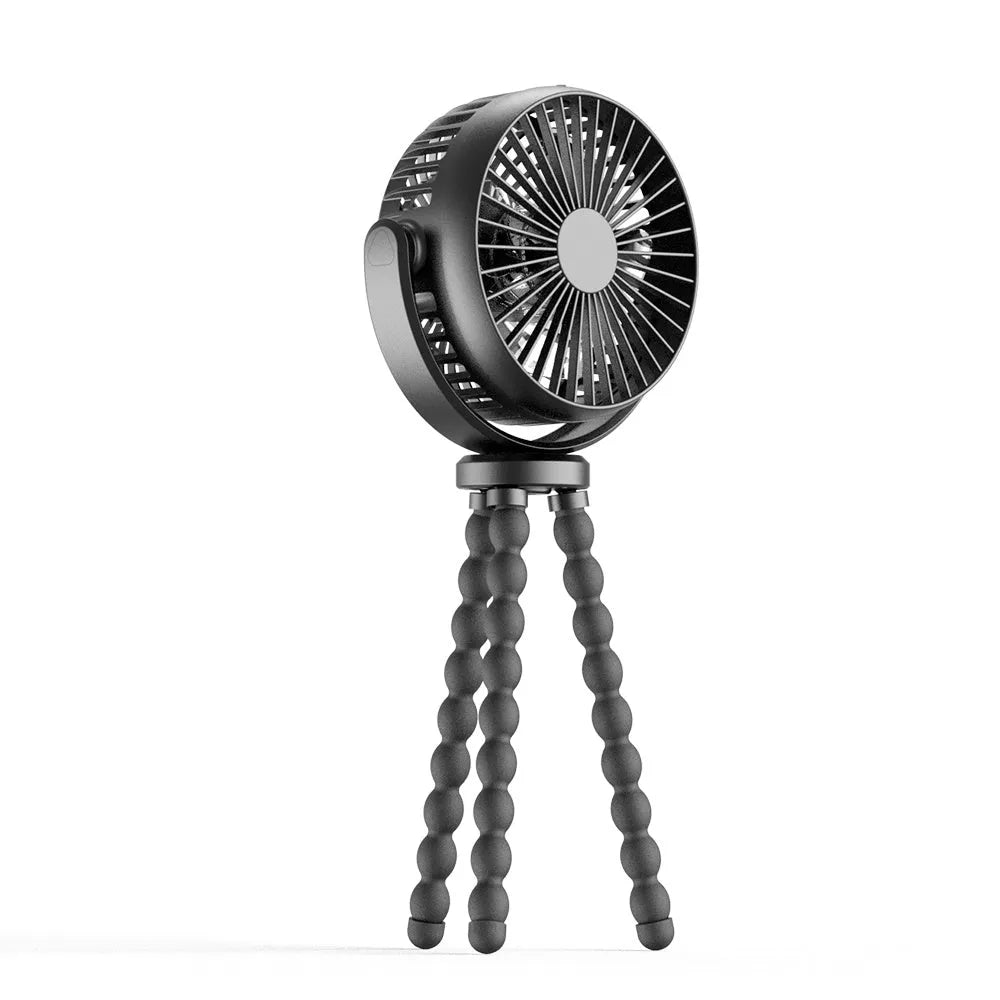 HOMEFISH F2 automatic shake head fan with LED light and removable bracket mounted on a pram