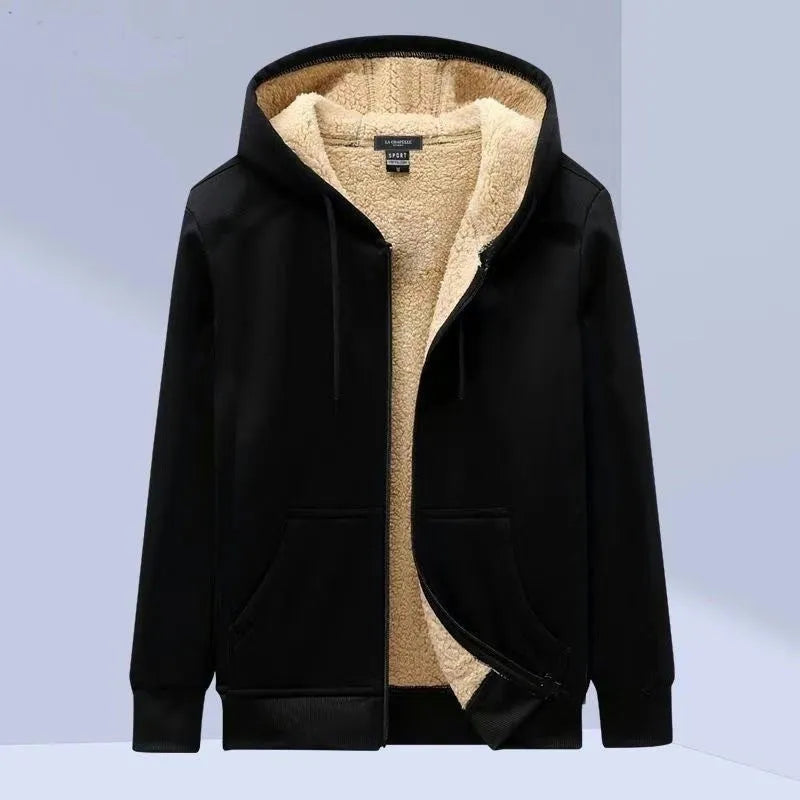 Men's black Berber fleece jacket with wool lining, loose fit, long sleeve, no padding.