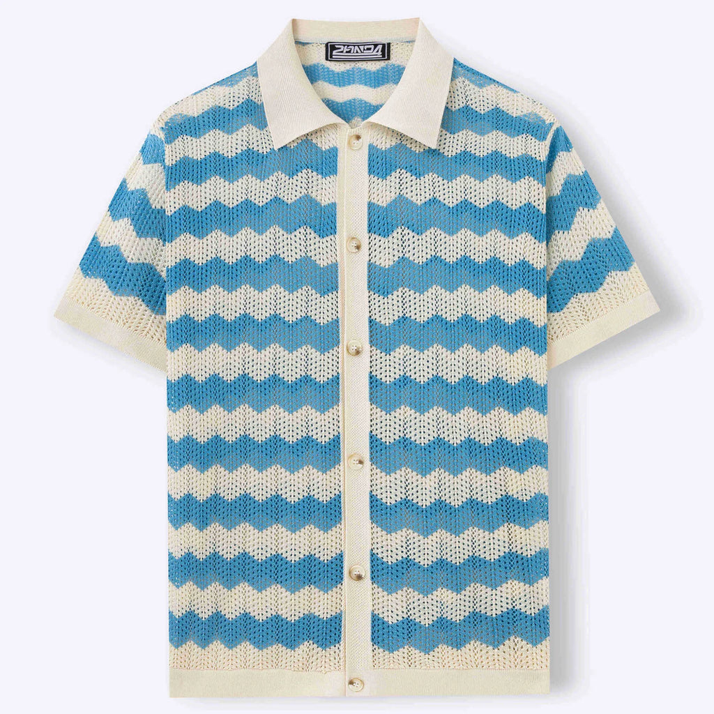 Man modelling a yellow short sleeve sweater with a textured corrugated jacquard pattern, suitable for summer.