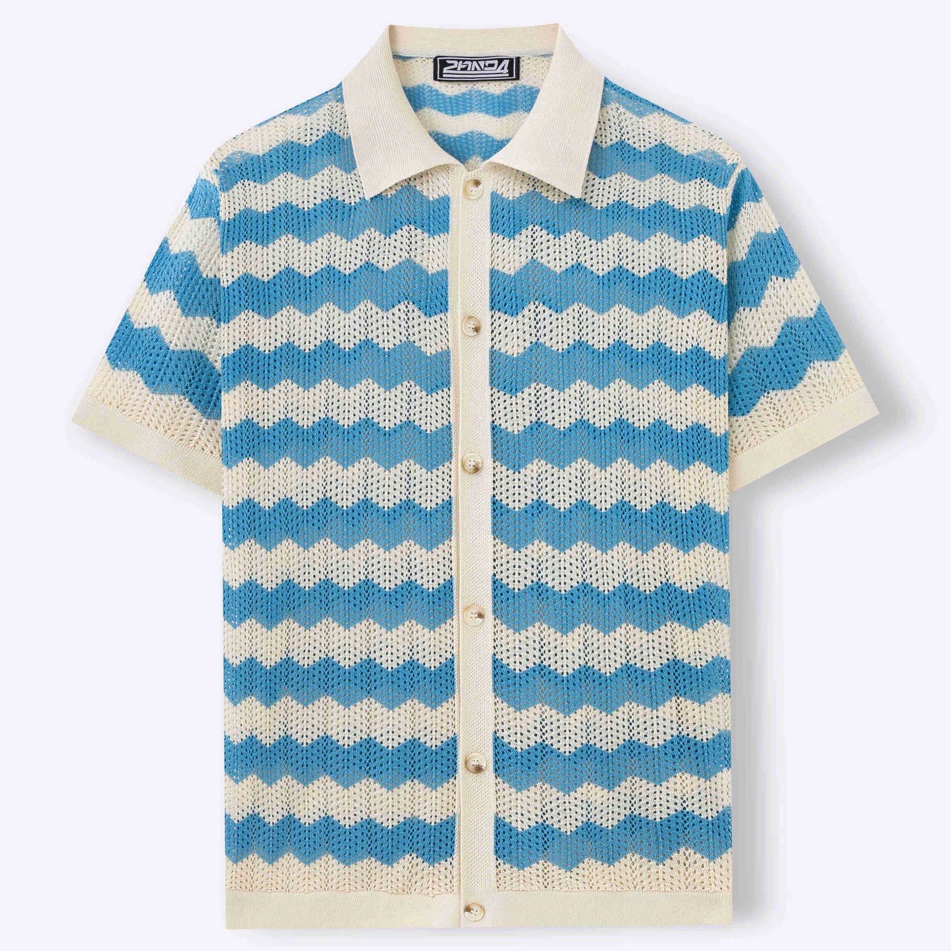 Man modelling a yellow short sleeve sweater with a textured corrugated jacquard pattern, suitable for summer.