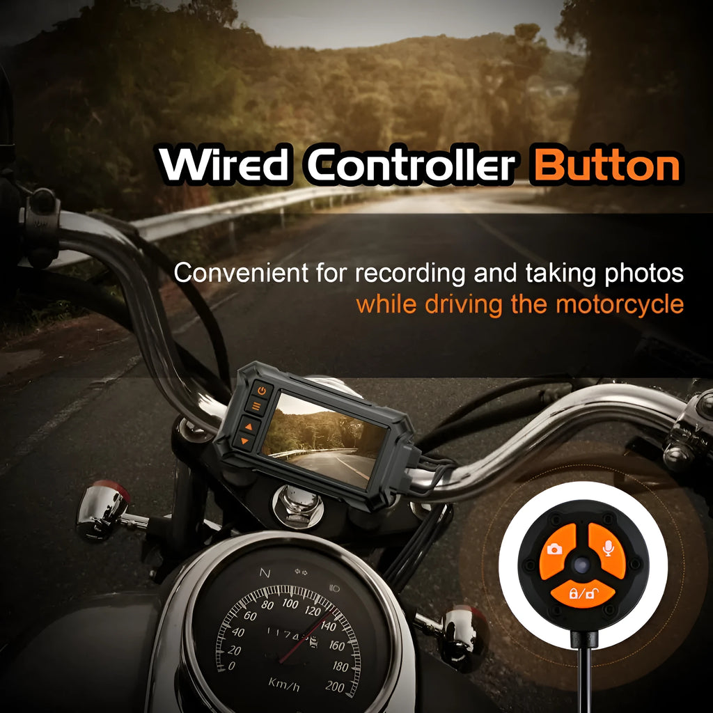 Motorcycle dual lens dash cam with GPS module and waterproof casing showing 1080P front and rear recording capability
