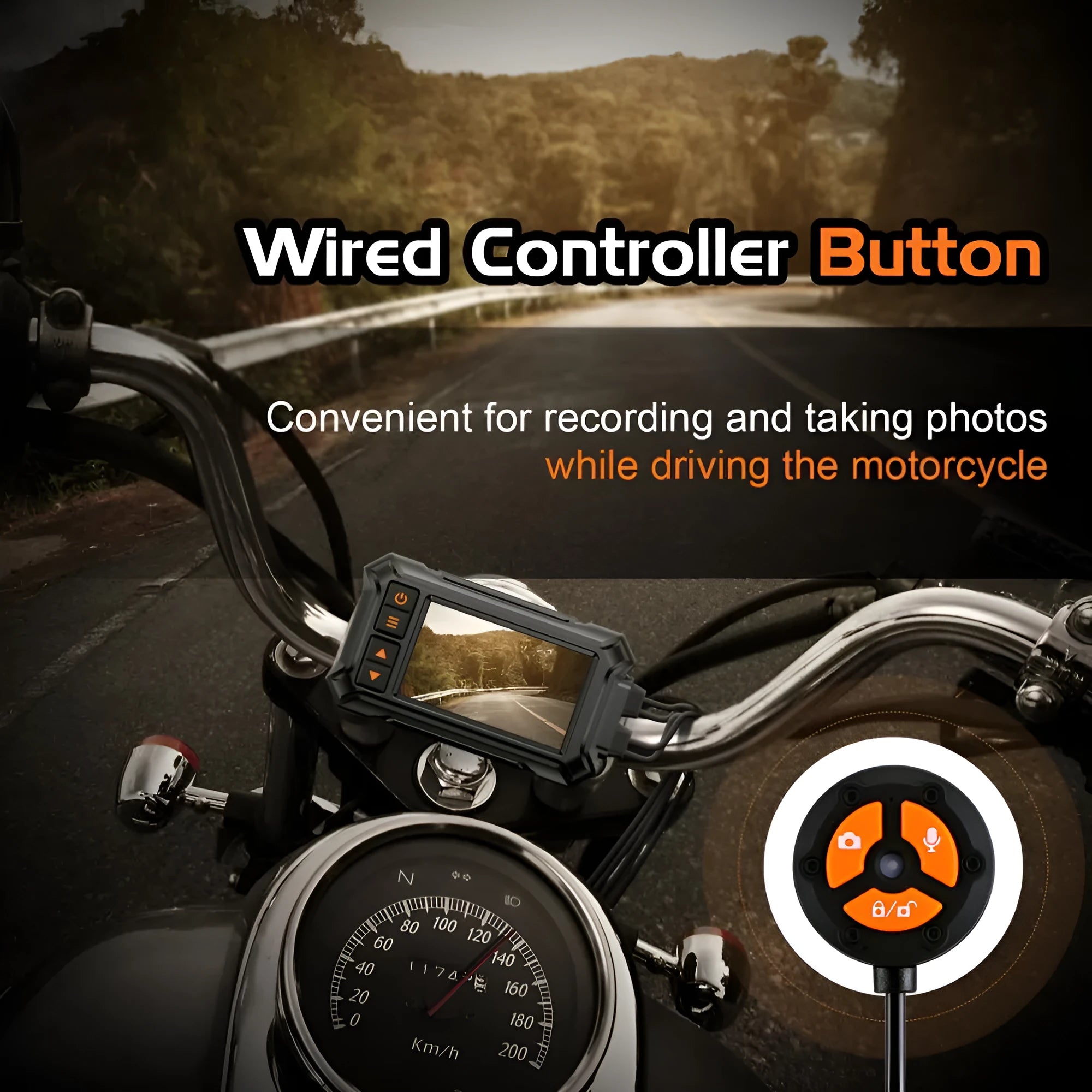 Motorcycle dual lens dash cam with GPS module and waterproof casing showing 1080P front and rear recording capability