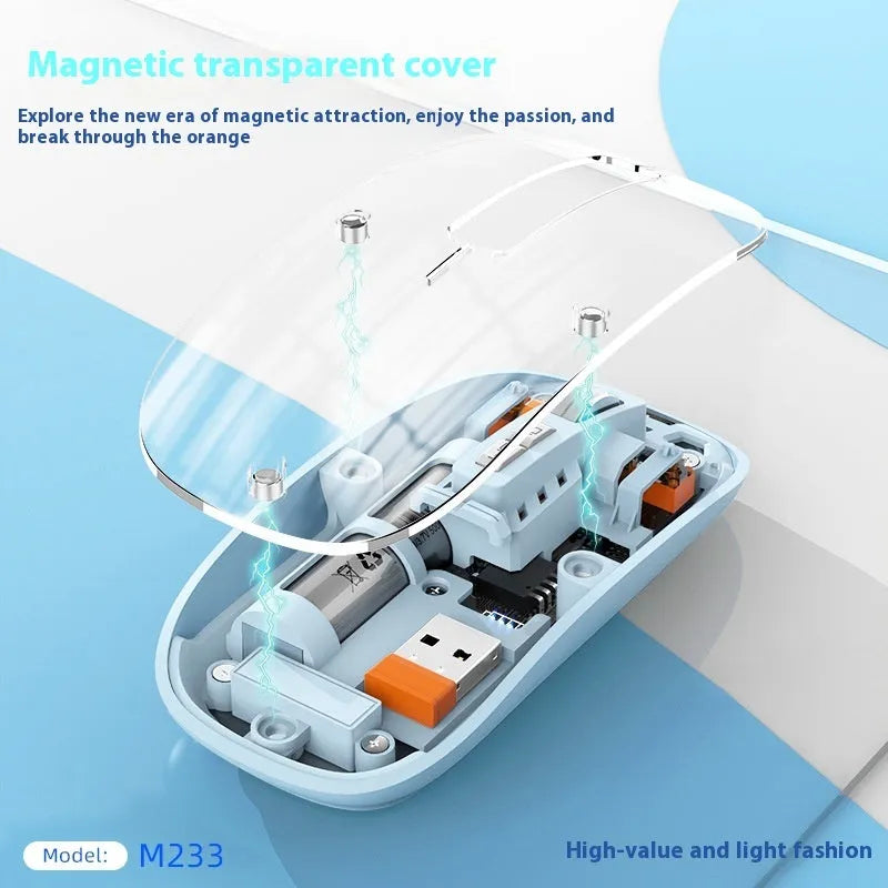 Transparent wireless computer mouse with USB connector showing internal components